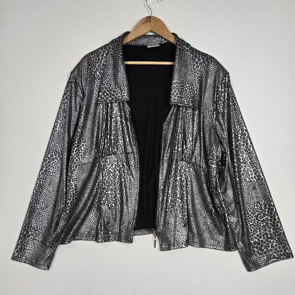 Artex Fashions Jacket Sz 2X Black Silver Metallic Animal Print Slinky Zip Up - Picture 6 of 14